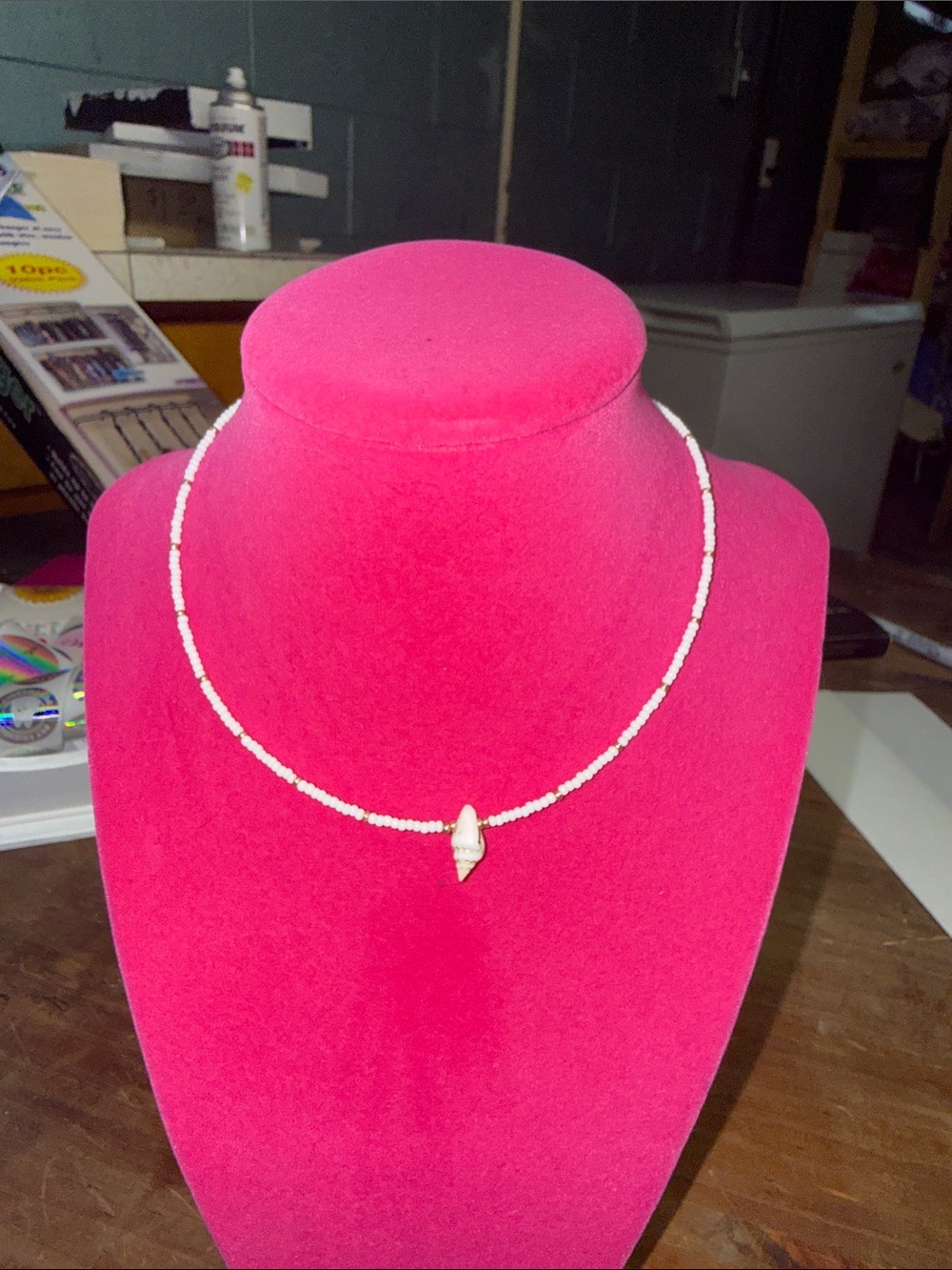 White Beaded Necklace with Shell Pendant - Women's Jewelry